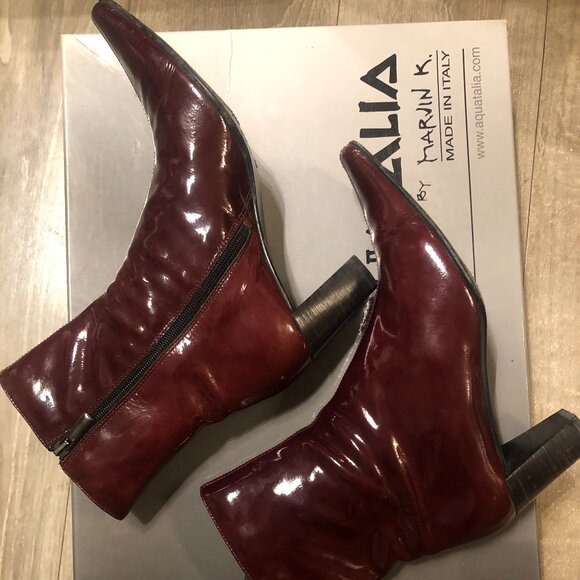 AQUATALIA Burgundy Red Bordeaux Patent Leather Ankle Boots - Picture 5 of 8